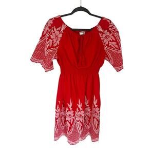 Kindred Anthropologie Dress Small Red Embroidery‎ Tassel Peasant Boho Scallop